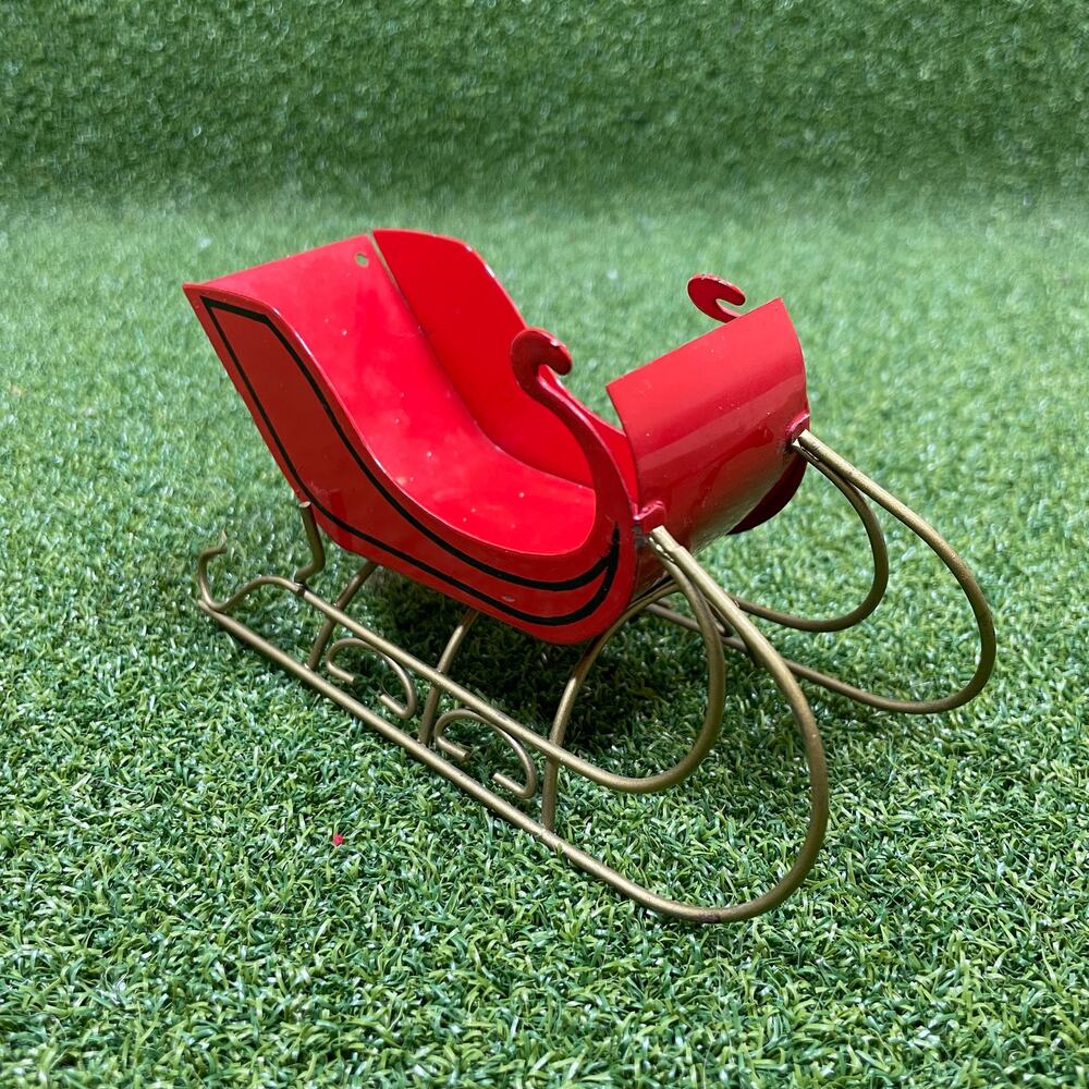 Vintage Metal Red Gold Santa Sleigh Christmas Holiday Decor